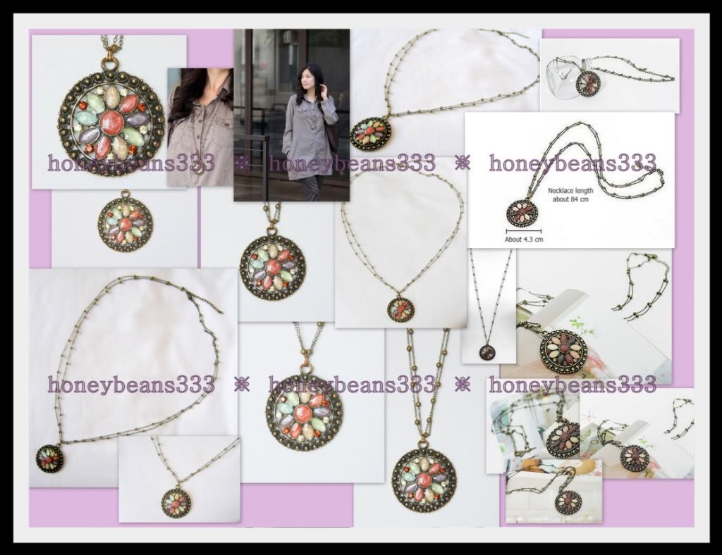 Retro Blue Pink Bronze Color Necklace Resin Flower 015
