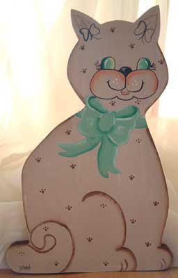 Country CAT Green Bow Wood Hand Painted OOAK