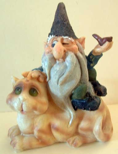 Cat Giving Gnome a Ride Fantasy New Resin Figurine