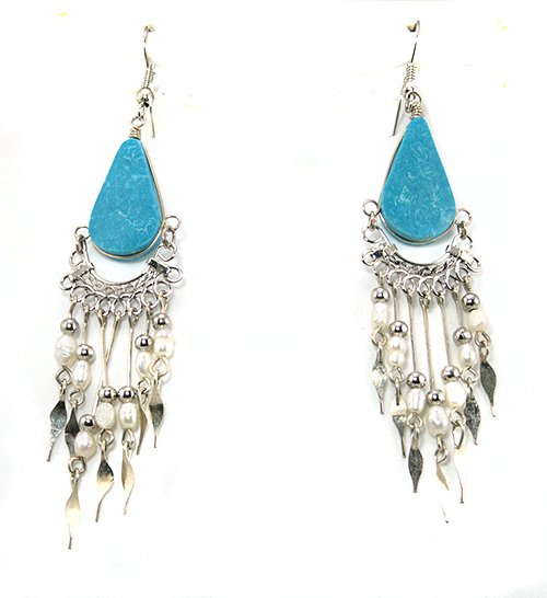 Blue Turquoise & Seed Pearl Chandelier Silver Earrings