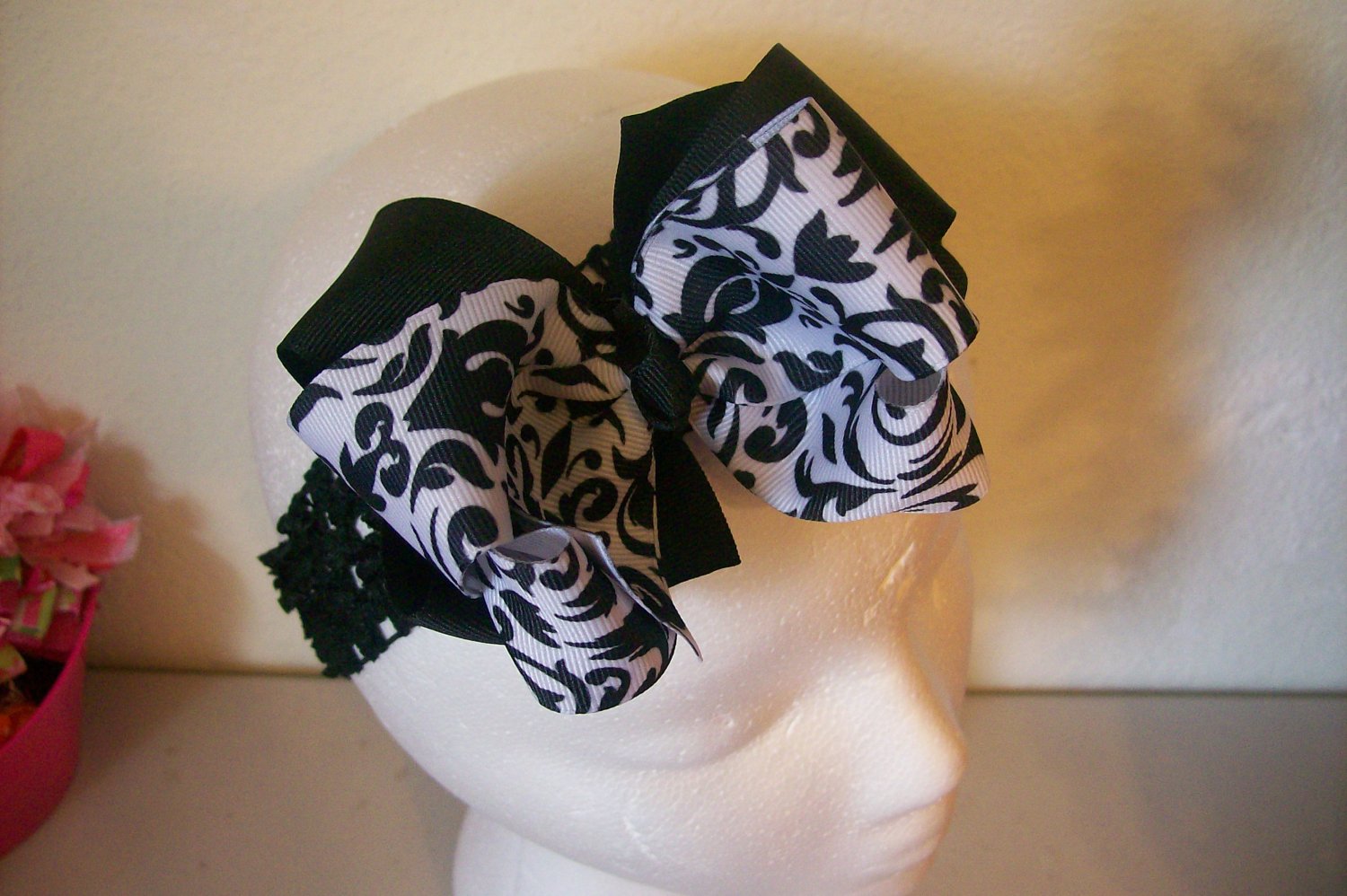 Elegant Black and White Damask Print Double Layer Hair Bow