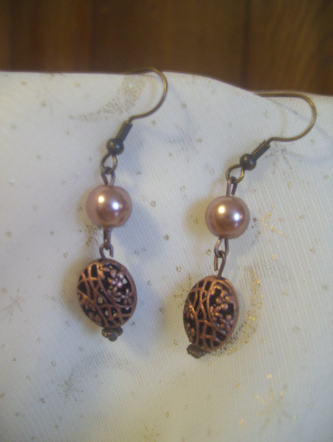 Rose Color Pearl and Brass Earrings
