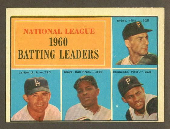 1961 Topps baseball set # 41 N.L. Batting Leaders with Mays & Clemente