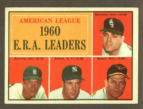 1961 Topps baseball set # 46 A.L. E.R.A. Leaders with Jim Bunning