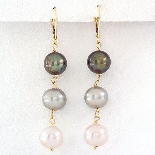 14K Gold Genuine Black Gray And White Pearl Earrings