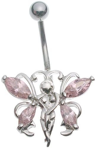 Stainless Steel Butterfly Sprite Pink CZ Banana Belly Ring