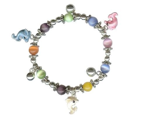 Rhodium Color Plating Colored Beads & Dolphin Charm Bracelet