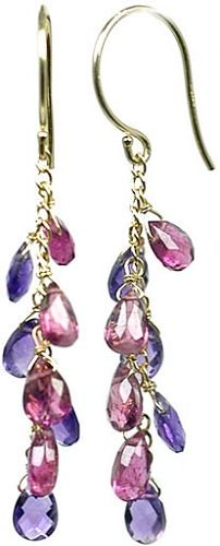 Dangling Genuine Amethyst And Pink Tourmaline 14kt Gold Earrings