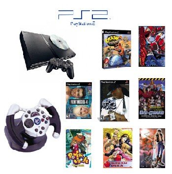 Slim Sony Playstation 2 "Anime Bundle" - 3 Games, 5 Movies, 1 Wheel and more