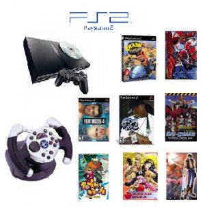Slim Sony Playstation 2 "Anime Bundle" - 3 Games, 5 Movies, 1 Wheel and more
