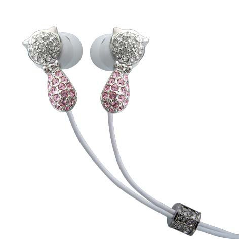 Cat Pink Crystals Stainless Steel Jewelry Earphones Earbuds + iPhone Adapter