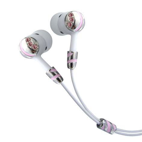 Pink Band Crescent Shaped Crystals Stainless Steel Jewelry Earphones EarBuds + iPhone Adapter