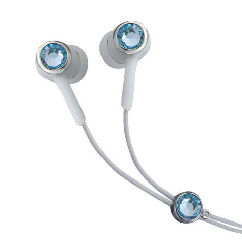 Blue Color Crystal Stainless Steel Jewelry Earphones Earbuds + iPhone Adapter