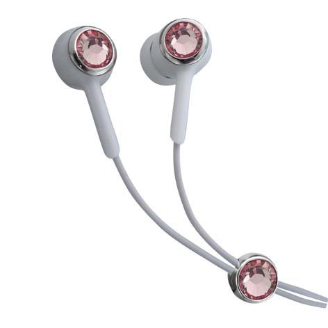 Pink Color Crystal Stainless Steel Jewelry Earphones Earbuds + iPhone Adapter