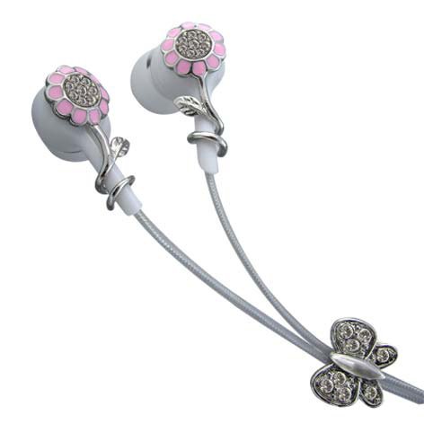 Pink Flowers Multi Clear Crystals Stainless Steel Jewelry Earbuds Earphones + iPhone Adapter