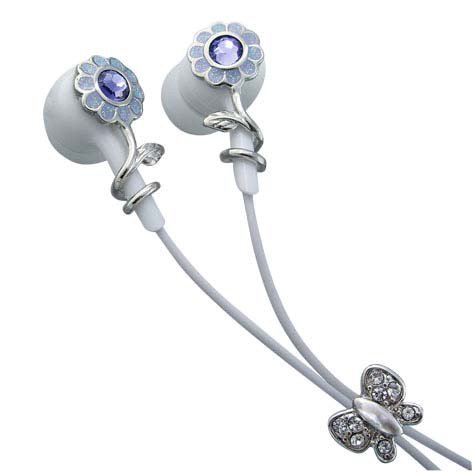 Purple Flowers Single Purple Crystals Stainless Steel Jewelry Earbuds Earphones + iPhone Adapter