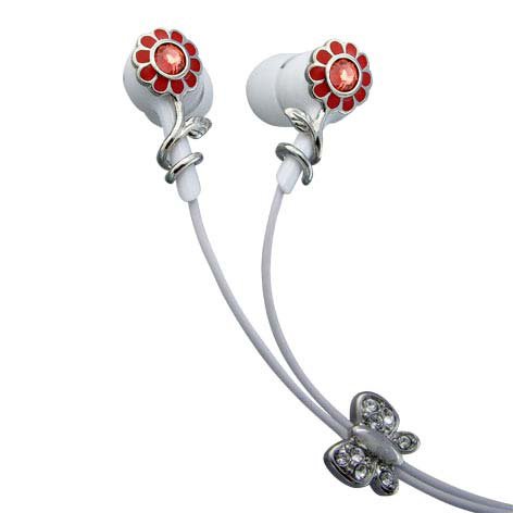 Red Flowers Single Red Crystal Stainless Steel Jewelry Earbuds Earphones + iPhone Adapter