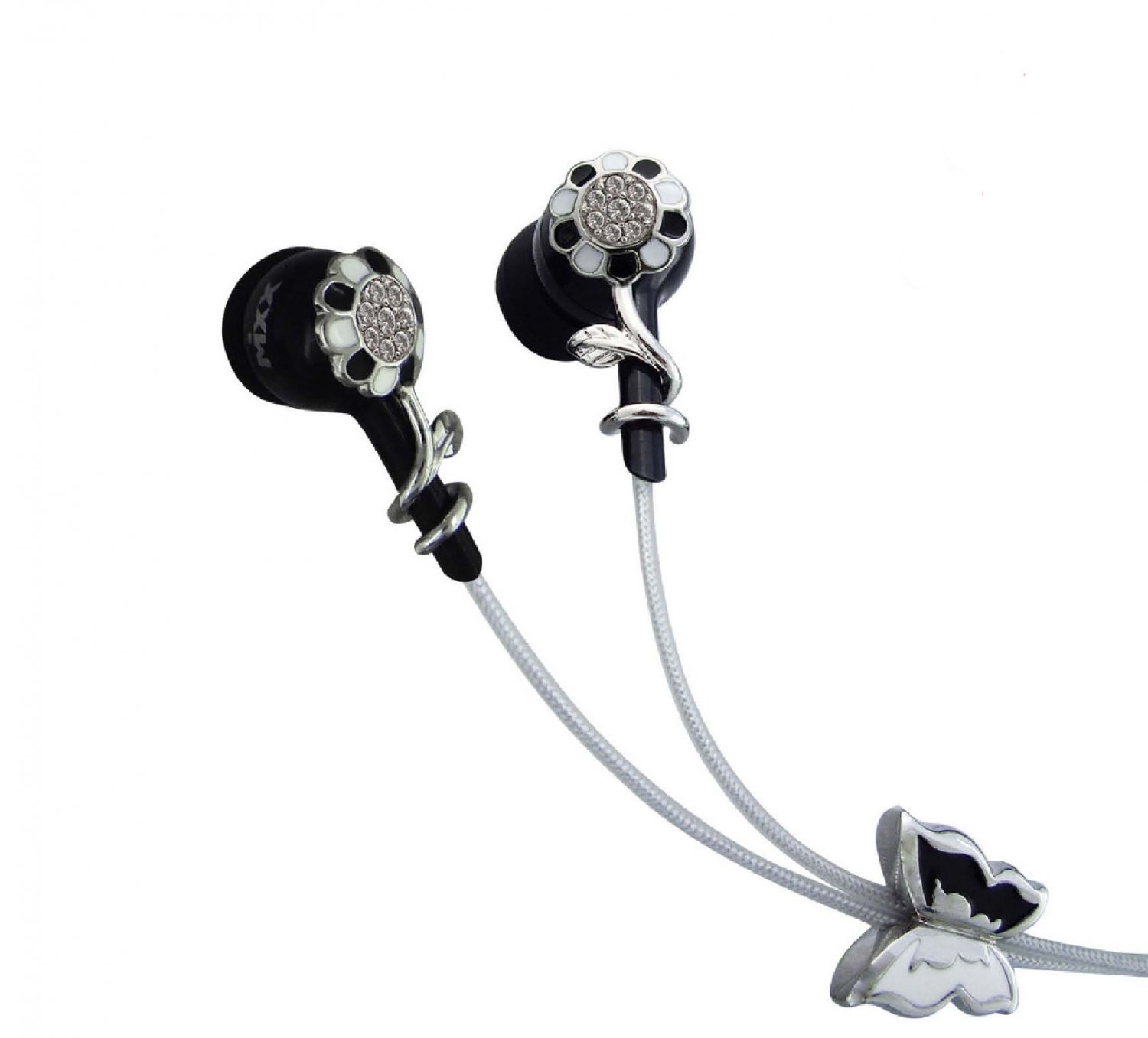 Black Flower Multi Clear Crystals Stainless Steel Jewelry Earbuds Earphones + iPhone Adapter