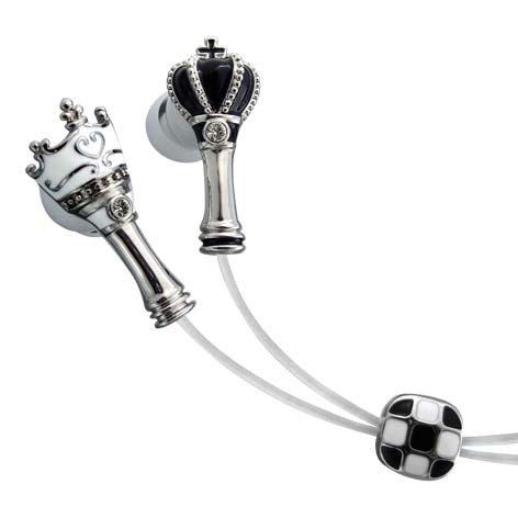 King and Queen with Single Clear Crystal Stainless Steel Jewelry Earbuds Earphones + iPhone Adapter