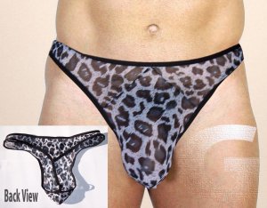 N3012 Leopard Print HOT MEN MESH THONG Semi SEE-THRU gray