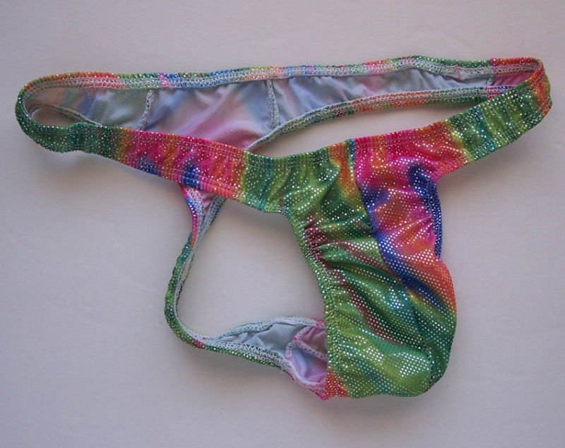 K326C HOT MEN SKIMPY POUCH THONG Metallic Silver Dots Green/pink