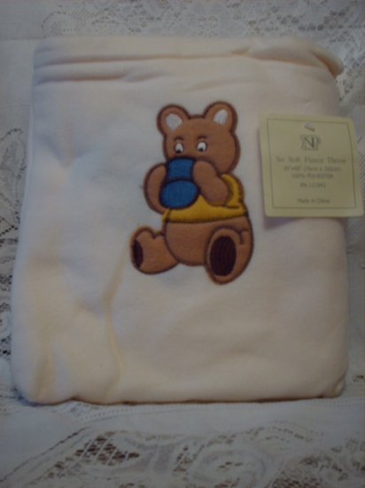 White Fleece Baby Blanket with Matching Bag - Bear