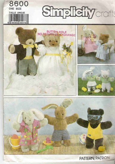 Simplicity Crafts 8600 Bunny and Bear Clothes Pattern