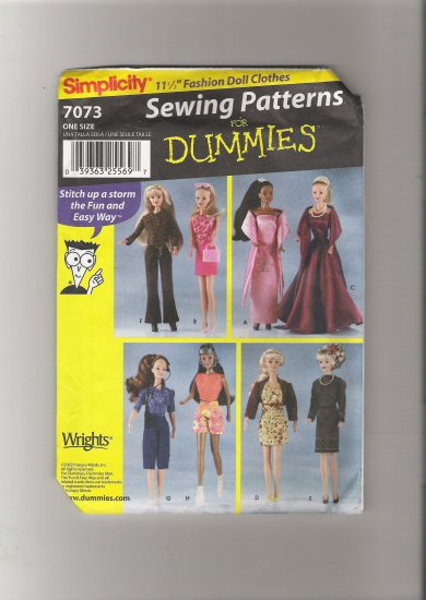 Simplicity 7073 11 1/2" Fashion Doll Clothes for Dummies