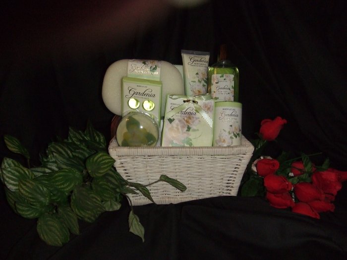 Wicker Gift Basket Filled with Gardenia Scented Bath Products