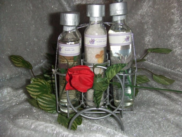 Lavender Bath Products in Wire holder.
