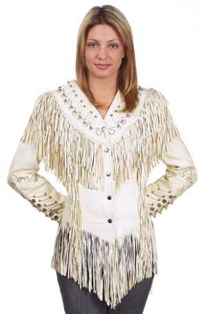 Ladies Off-White Leather Jacket w/ Beads, Studs, Bone & Fringe w