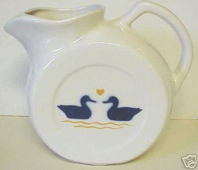 Pottery Round Disk Pitcher Milk Jug Cobalt Ducks Heart