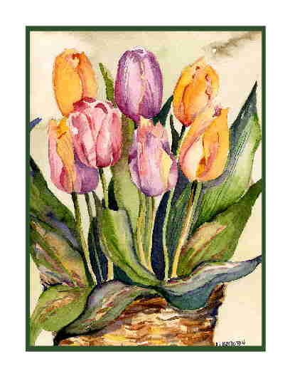 8 Watercolor Tulips in a Basket Greeting Note Cards Notecards