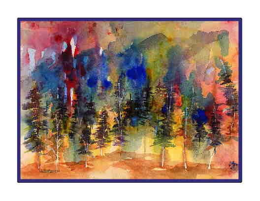 Set of Eight Watercolor Abstract Fiery Forest Greeting Notecards Note Cards