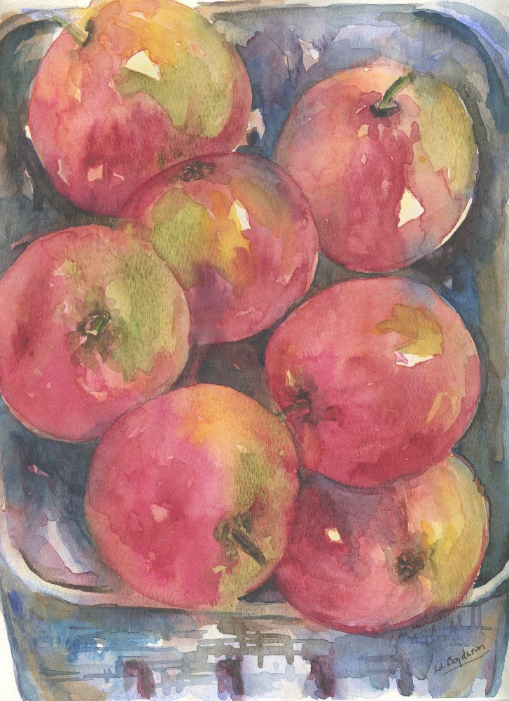 Original Watercolor, Ink Basket of Apples Painting