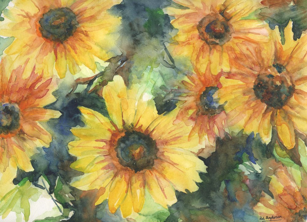 Original Watercolor Yellow Bunches of Flowers Painting