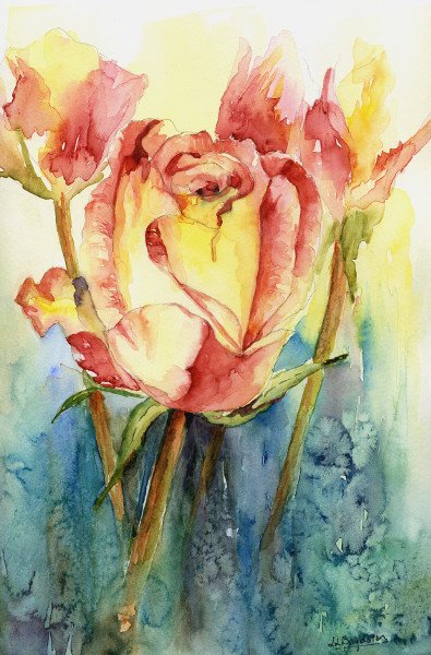 Giclee Yellow Red Roses Print, Watercolor
