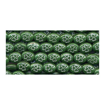25 St Patrick's Day Green w Silver Shamrock Glass Beads Last One Opaque OLD STOCK
