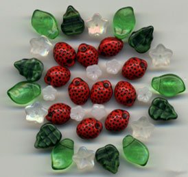 Strawberry Flower Leaves Mix Czech Glass Fruit Beads 36 pcs
