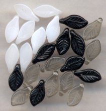 Tuxedo Mix Black, White, Grey Glass Leaf Glass Beads 24 pcs