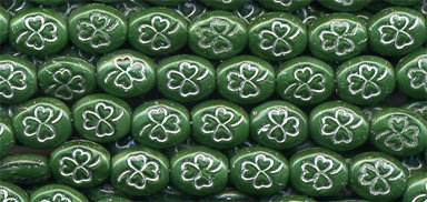 St Patricks Green w Silver Shamrock Glass Beads Opaque