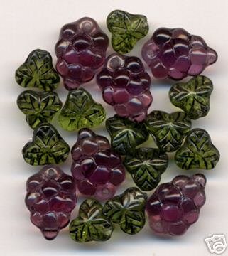 Purple Grapes Beads + Beautiful Green Fruit Leaf Inlay Glass Beads