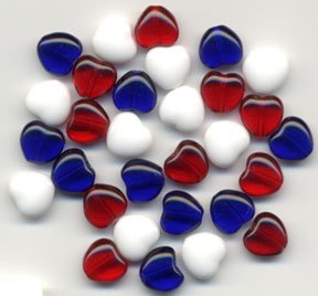 Patriotic RED WHITE and BLUE Glass Heart Beads 30 pcs