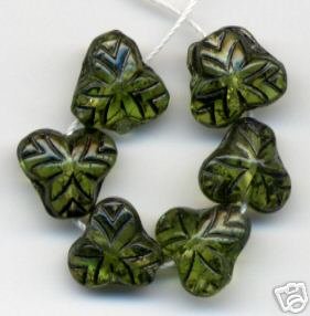 15 Green Fruit Leaves w Dk Vein Inlay Czech Glass Beads