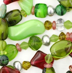 Cubes Round Saucers Bicone Twists Glass Bead Pressed Mix Green and Fuchsia Color