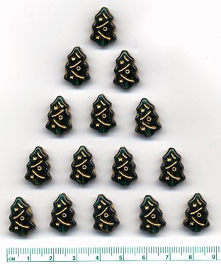 Christmas Tree Beads Green w Gold Etch Glass