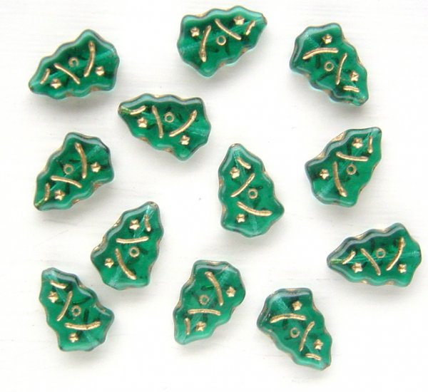 Christmas Tree Beads Emerald Green w Gold Inlay Glass