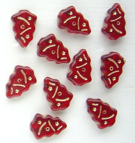 Christmas Tree Beads Siam Red w Gold Inlay Glass