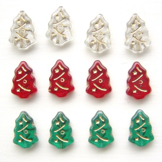 Glass Christmas Tree Beads Glass Red Green and Crystal
