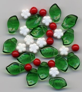 Christmas Leaves w Winter Holly Berry Czech Bead Mix